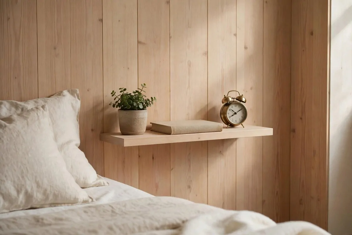 27 Small Bedroom Ideas That Feel Big and Cozy 5 Narrow floating wooden shelf mounted beside a bed holding a book, a small clock and a glass of water
