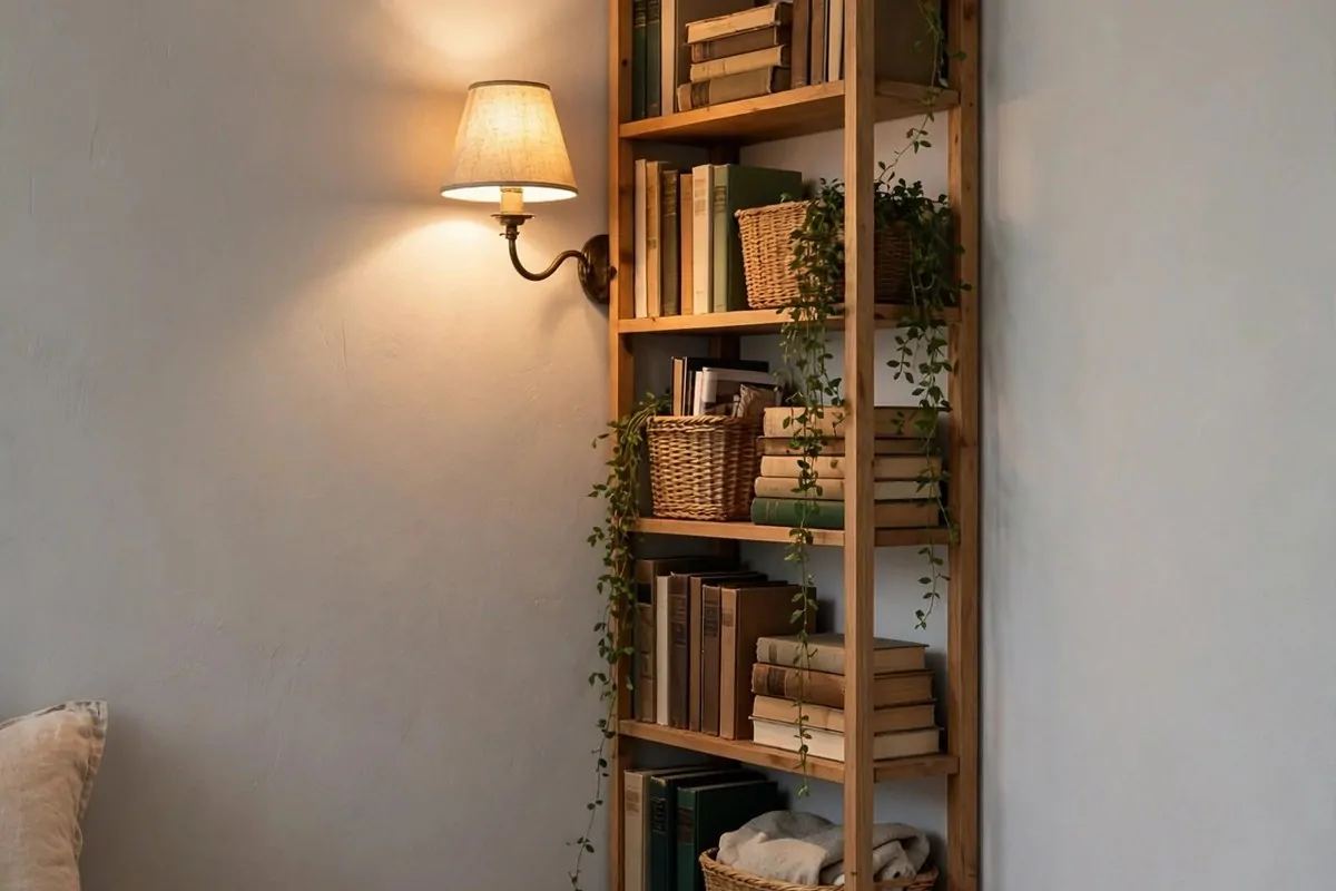 27 Small Bedroom Ideas That Feel Big and Cozy 6 Tall narrow bookshelf in the corner of a small bedroom reaching toward the ceiling, styled with books, baskets and a small plant