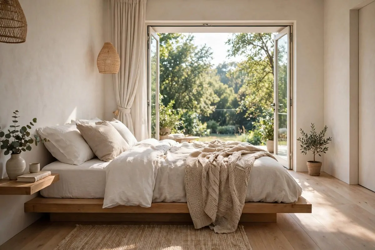 27 Small Bedroom Ideas That Feel Big and Cozy 7 Small bedroom with a low platform bed that has no footboard, creating an open and airy feeling at the foot of the bed