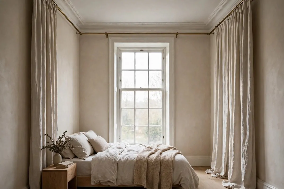 27 Small Bedroom Ideas That Feel Big and Cozy 8 Small bedroom window with curtains hung close to the ceiling and extending past the window frame, with fabric grazing the floor