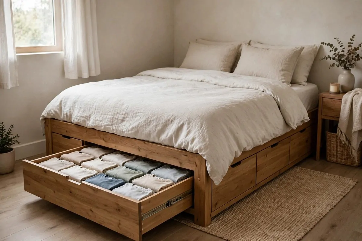 27 Small Bedroom Ideas That Feel Big and Cozy 9 Storage bed with deep built-in drawers in a small bedroom, with one drawer open showing neatly folded t-shirts