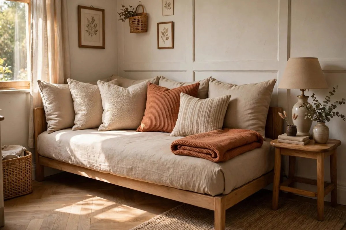 27 Small Bedroom Ideas That Feel Big and Cozy 10 Daybed styled with throw pillows against the wall in a small bedroom, looking like a cozy sofa during the day