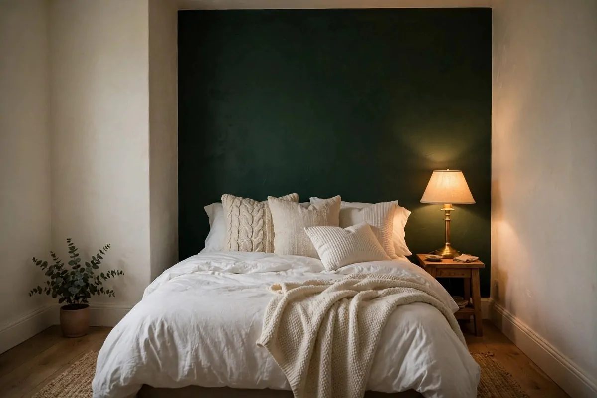 27 Small Bedroom Ideas That Feel Big and Cozy 11 Small bedroom with one deep navy blue accent wall behind the bed, with white bedding and a brass lamp creating a cozy contrast