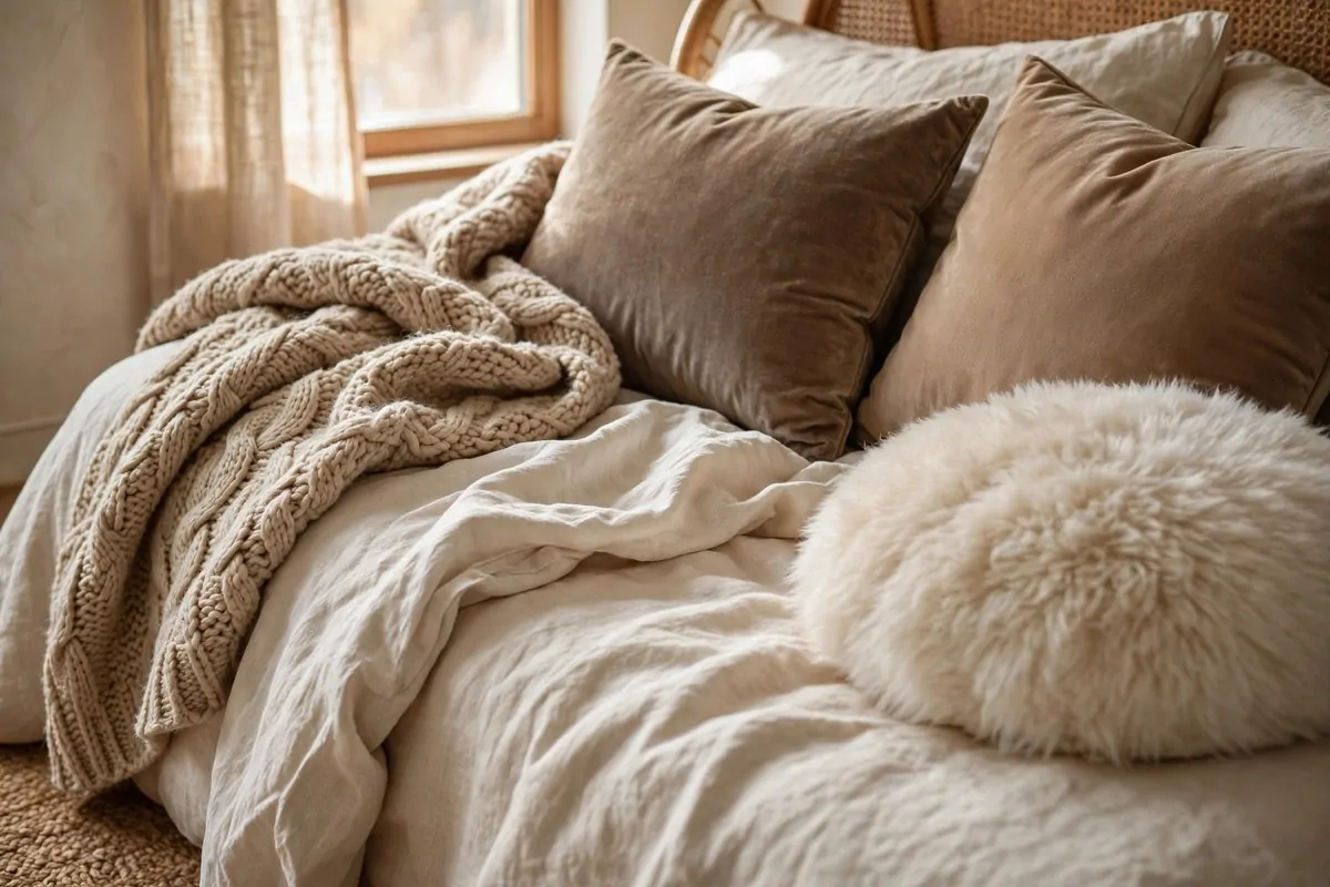 27 Small Bedroom Ideas That Feel Big and Cozy 12 Close view of a bed in a small bedroom layered with a knit throw, linen sheets and velvet pillows in warm neutral tones