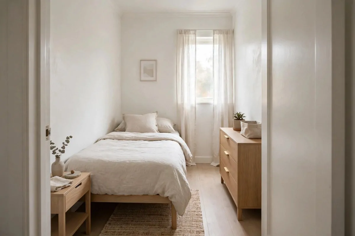 27 Small Bedroom Ideas That Feel Big and Cozy 13 Small bedroom with slim scaled-down furniture, a narrow nightstand and a compact dresser that fit the room proportions