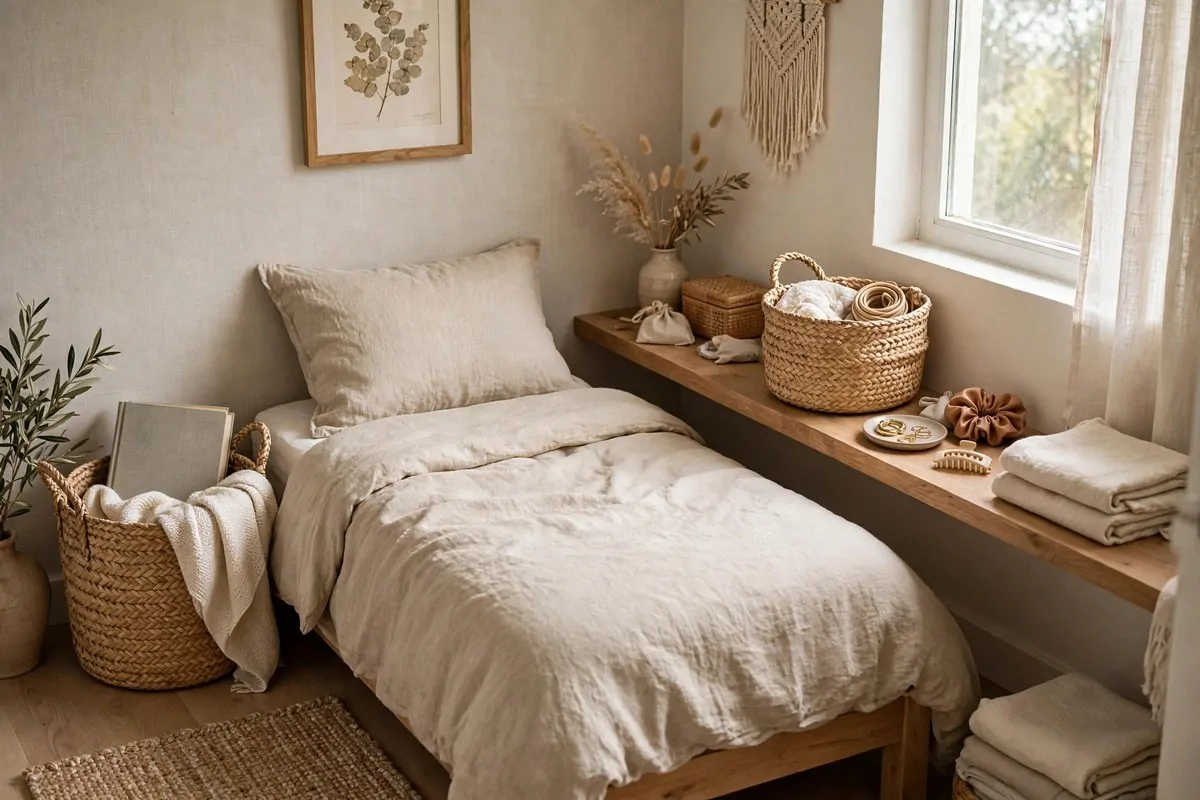 27 Small Bedroom Ideas That Feel Big and Cozy 14 Woven seagrass baskets in a small bedroom holding blankets, books and accessories, styled on a shelf and under a bench