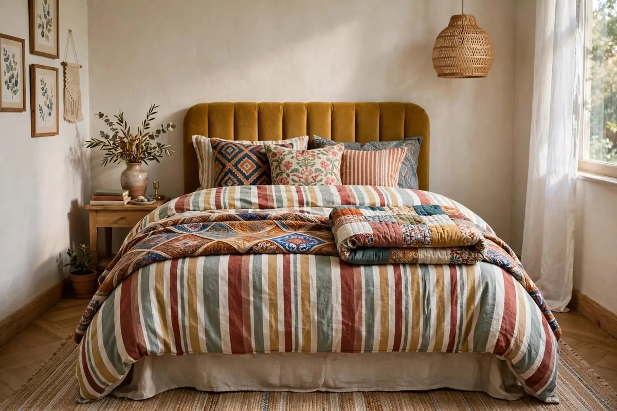 27 Small Bedroom Ideas That Feel Big and Cozy 15 Small bedroom where the bed is the statement piece with layered colorful bedding, patterned pillows and a folded quilt at the foot