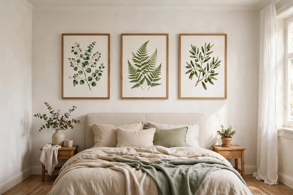 27 Small Bedroom Ideas That Feel Big and Cozy 16 Small bedroom with framed artwork hung high on the wall near the ceiling, drawing the eye upward