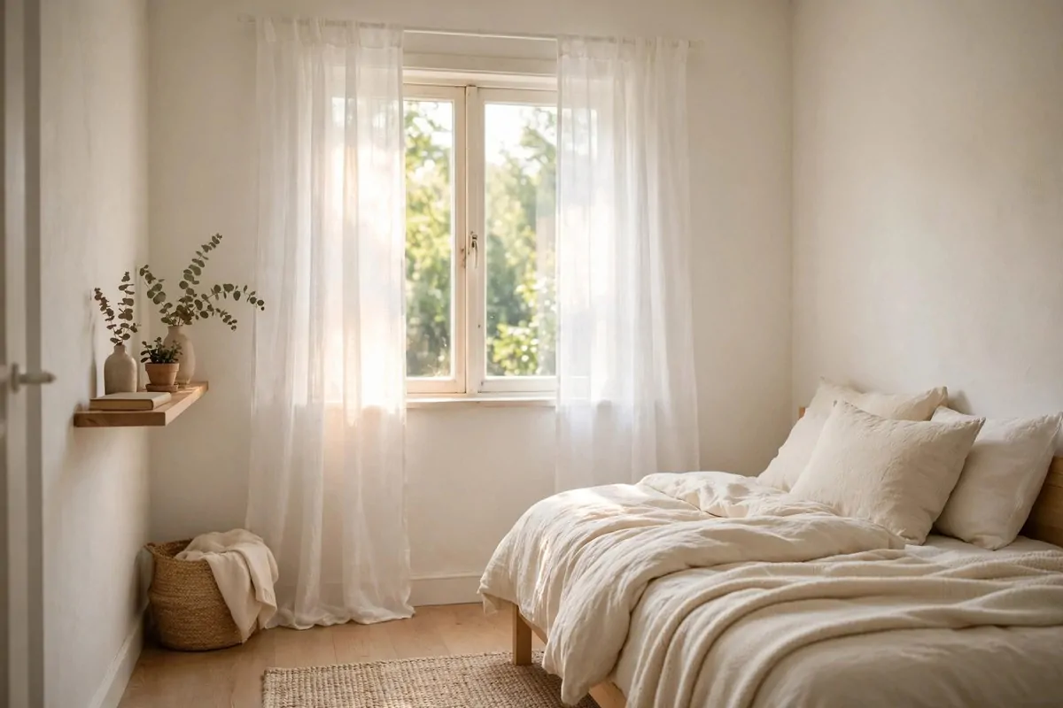 27 Small Bedroom Ideas That Feel Big and Cozy 17 Small bedroom window dressed with light sheer white curtains that let soft daylight filter through
