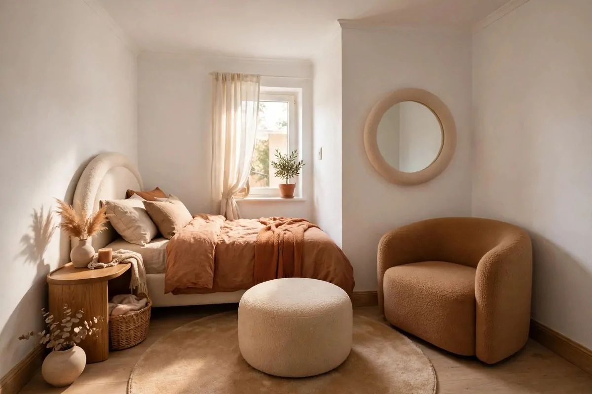 27 Small Bedroom Ideas That Feel Big and Cozy 18 Small bedroom with a round ottoman, curved armchair and circular mirror softening the boxy room