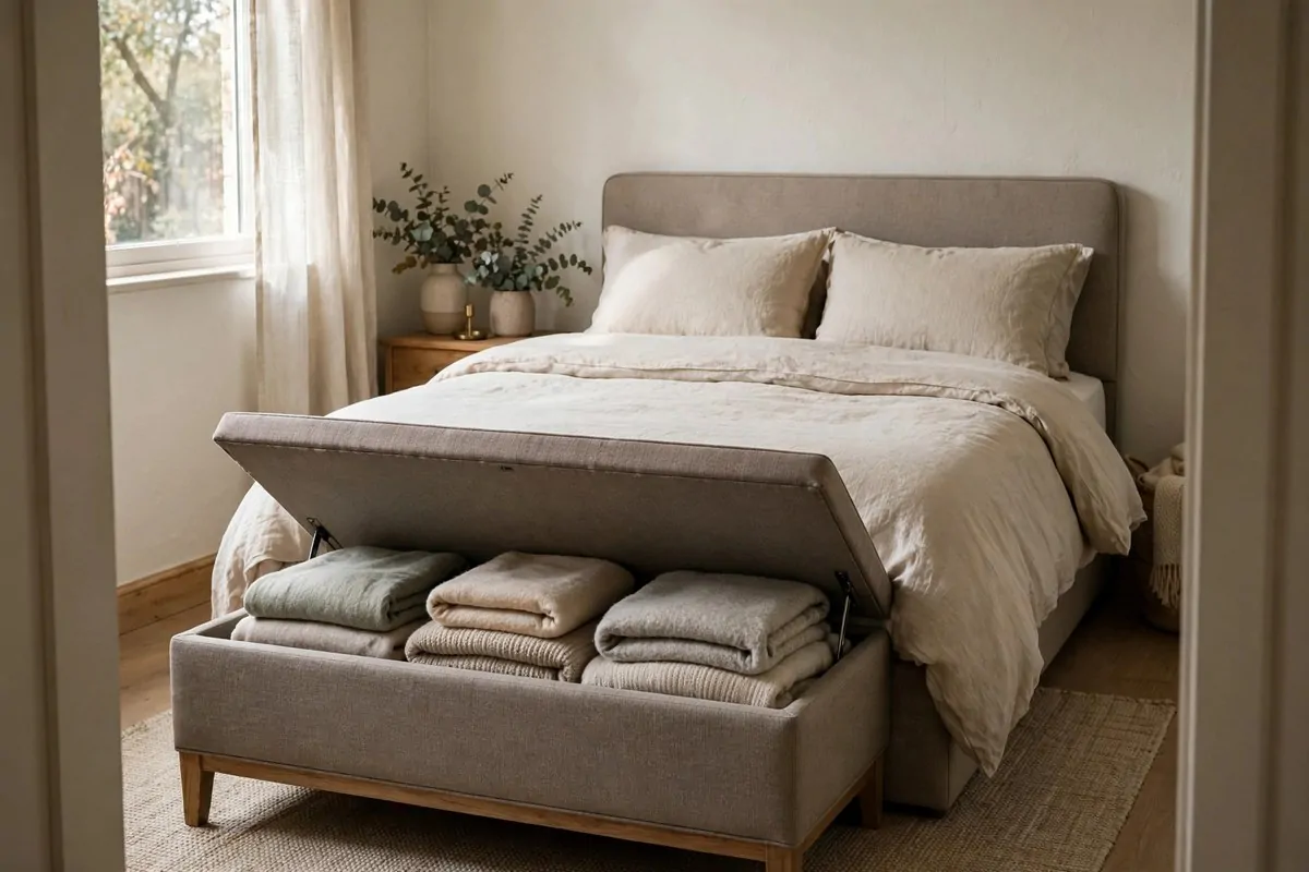27 Small Bedroom Ideas That Feel Big and Cozy 19 Upholstered storage bench at the foot of a bed in a small bedroom, with the lid open showing folded blankets inside