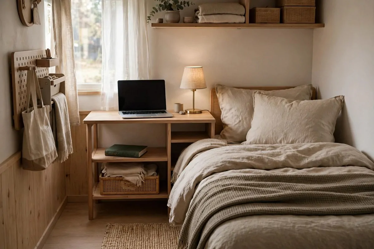 27 Small Bedroom Ideas That Feel Big and Cozy 20 Small bedroom with a slim desk that doubles as a nightstand beside the bed, with a lamp and laptop on top