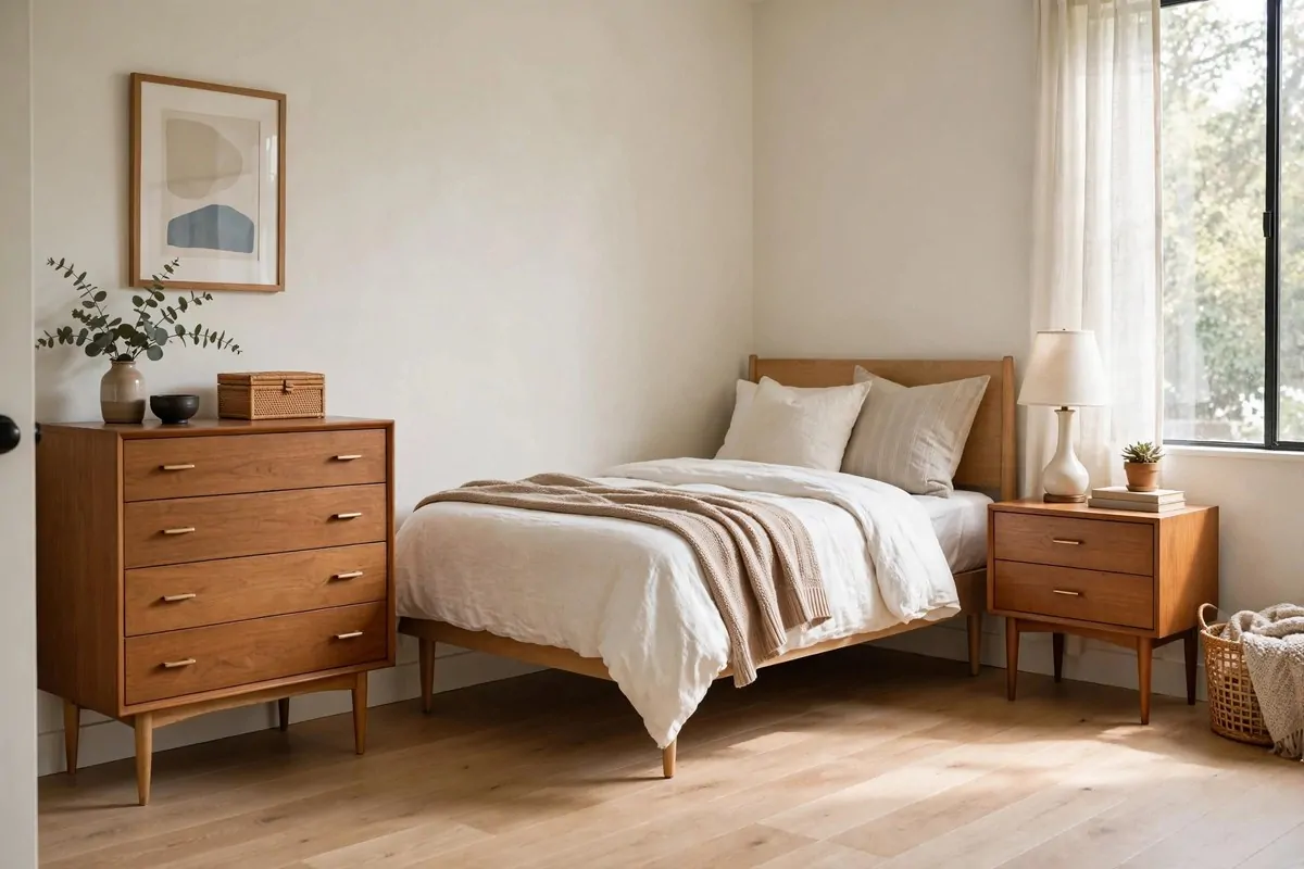 27 Small Bedroom Ideas That Feel Big and Cozy 21 Small bedroom with leggy mid-century style furniture, showing open floor space beneath the bed, dresser and nightstand