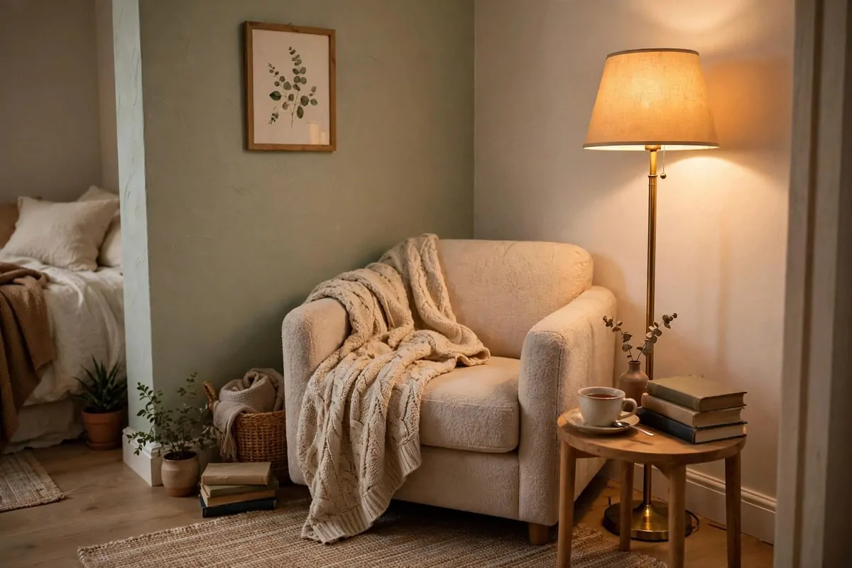 27 Small Bedroom Ideas That Feel Big and Cozy 22 Cozy reading corner in a small bedroom with a small armchair, floor lamp and side table tucked into an unused corner