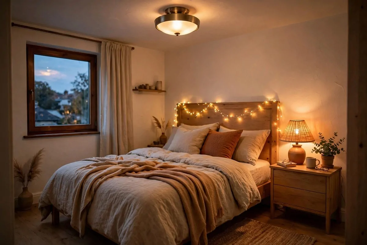 27 Small Bedroom Ideas That Feel Big and Cozy 23 Small bedroom glowing with layered lighting, a ceiling fixture, warm bedside lamp and fairy string lights along the headboard