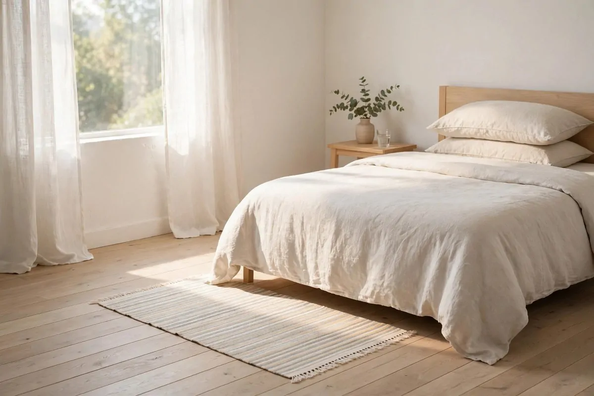27 Small Bedroom Ideas That Feel Big and Cozy 24 Small bedroom with a thin flat-weave rug on light wood floors, keeping the room feeling open and uncluttered
