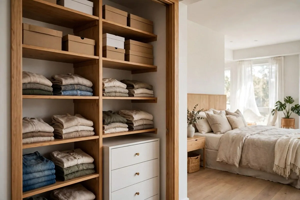 27 Small Bedroom Ideas That Feel Big and Cozy 25 Bedroom closet with a small dresser tucked inside and organizer shelves above, freeing up bedroom floor space