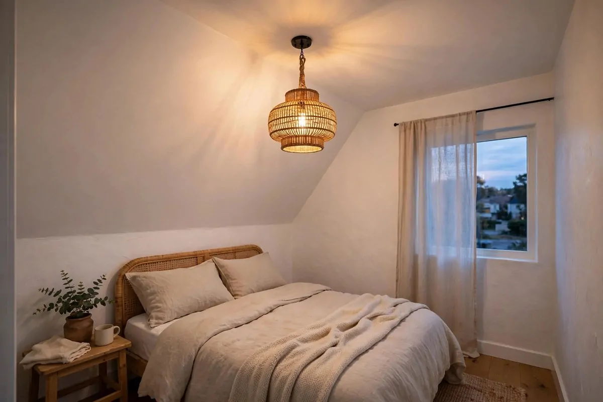 27 Small Bedroom Ideas That Feel Big and Cozy 26 Small bedroom with a beautiful statement ceiling light fixture and soft uplighting that draws the eye upward
