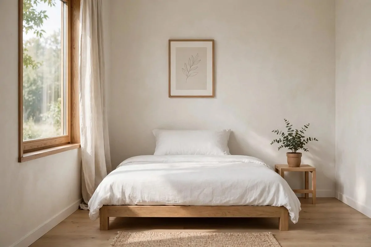 27 Small Bedroom Ideas That Feel Big and Cozy 27 Minimal calm small bedroom with only essential beautiful items, clear surfaces and a serene uncluttered feeling