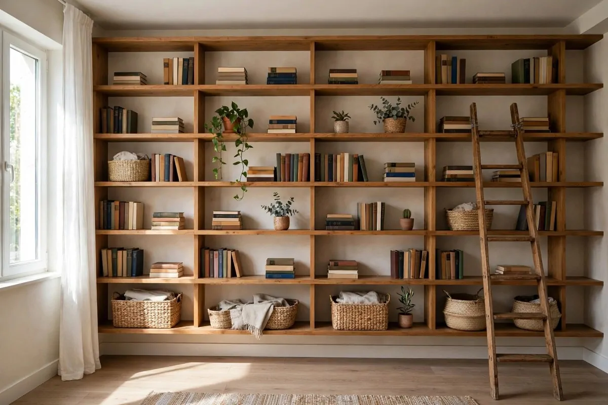 27 Small Home Ideas That Make Every Inch Count 1 Floor-to-ceiling wall shelves in a small living room holding books, plants and baskets