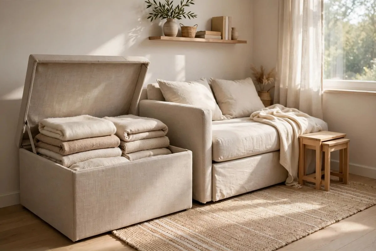 27 Small Home Ideas That Make Every Inch Count 2 Storage ottoman with lid open showing blankets inside, beside a daybed in a small living room