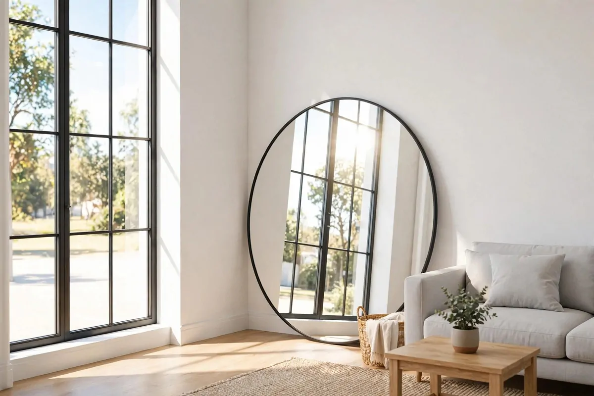27 Small Home Ideas That Make Every Inch Count 3 Large round mirror on a wall opposite a bright window in a small living room