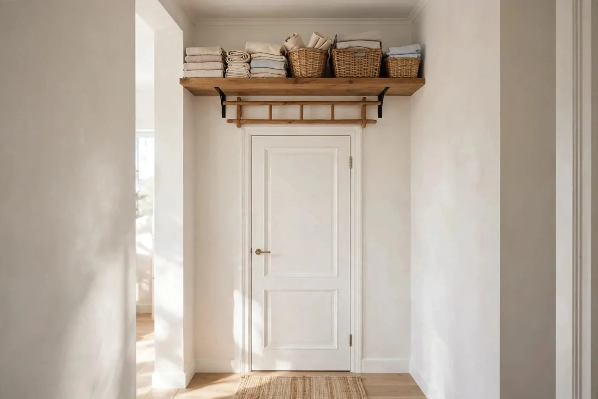 27 Small Home Ideas That Make Every Inch Count 5 Wooden shelf mounted above a doorway holding folded linens and baskets