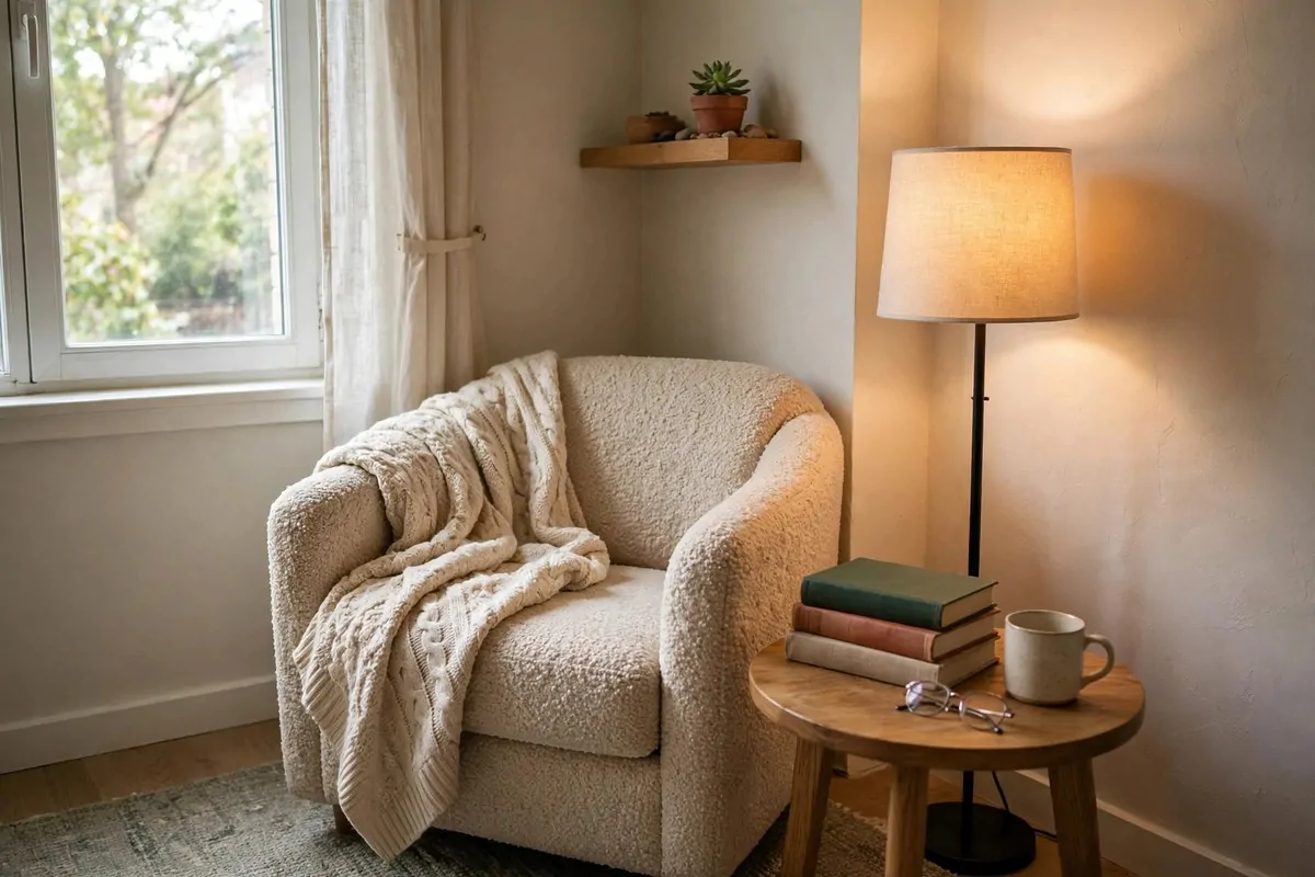 27 Small Home Ideas That Make Every Inch Count 6 Cozy corner reading nook with armchair, side table with books, floor lamp and plant