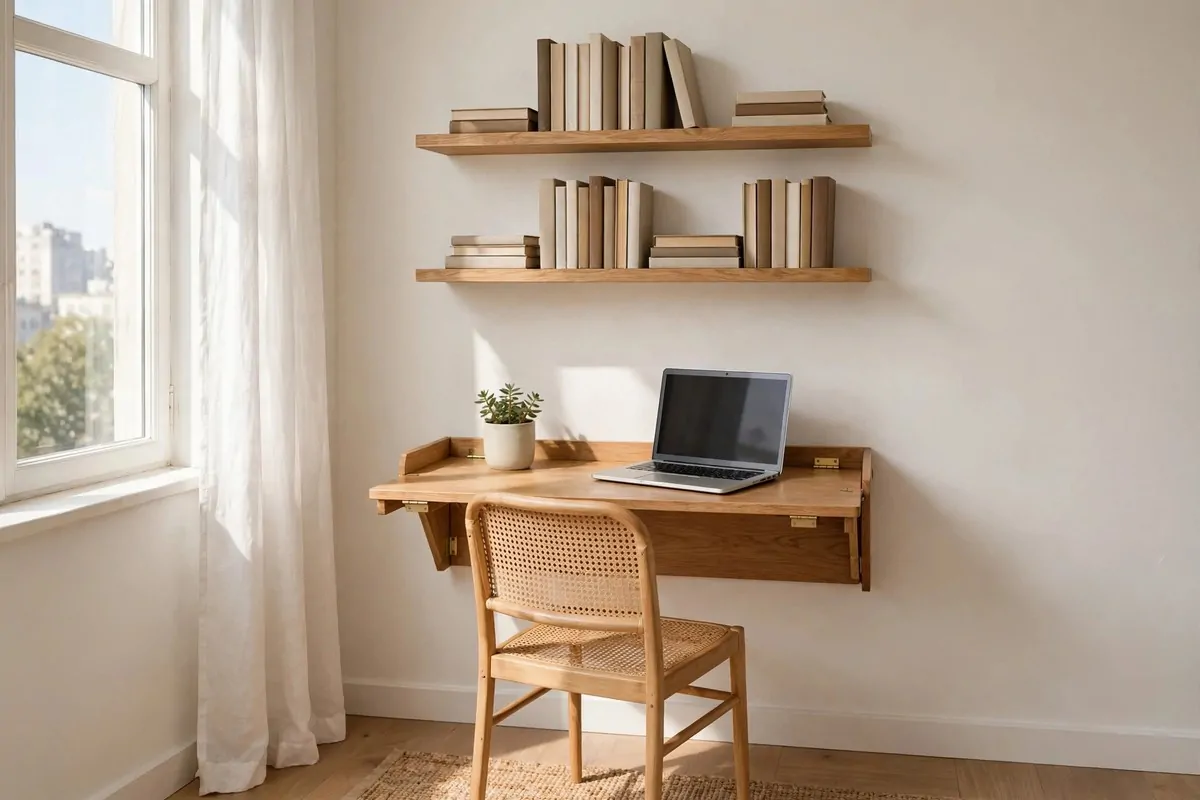 27 Small Home Ideas That Make Every Inch Count 7 Wall-mounted fold-down desk with laptop and plant, chair tucked beneath