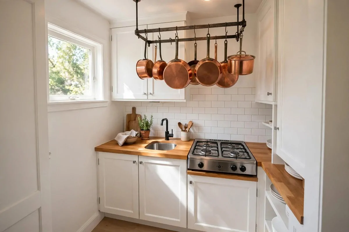 27 Small Home Ideas That Make Every Inch Count 8 Tiny kitchen with copper pots hanging from a ceiling rack
