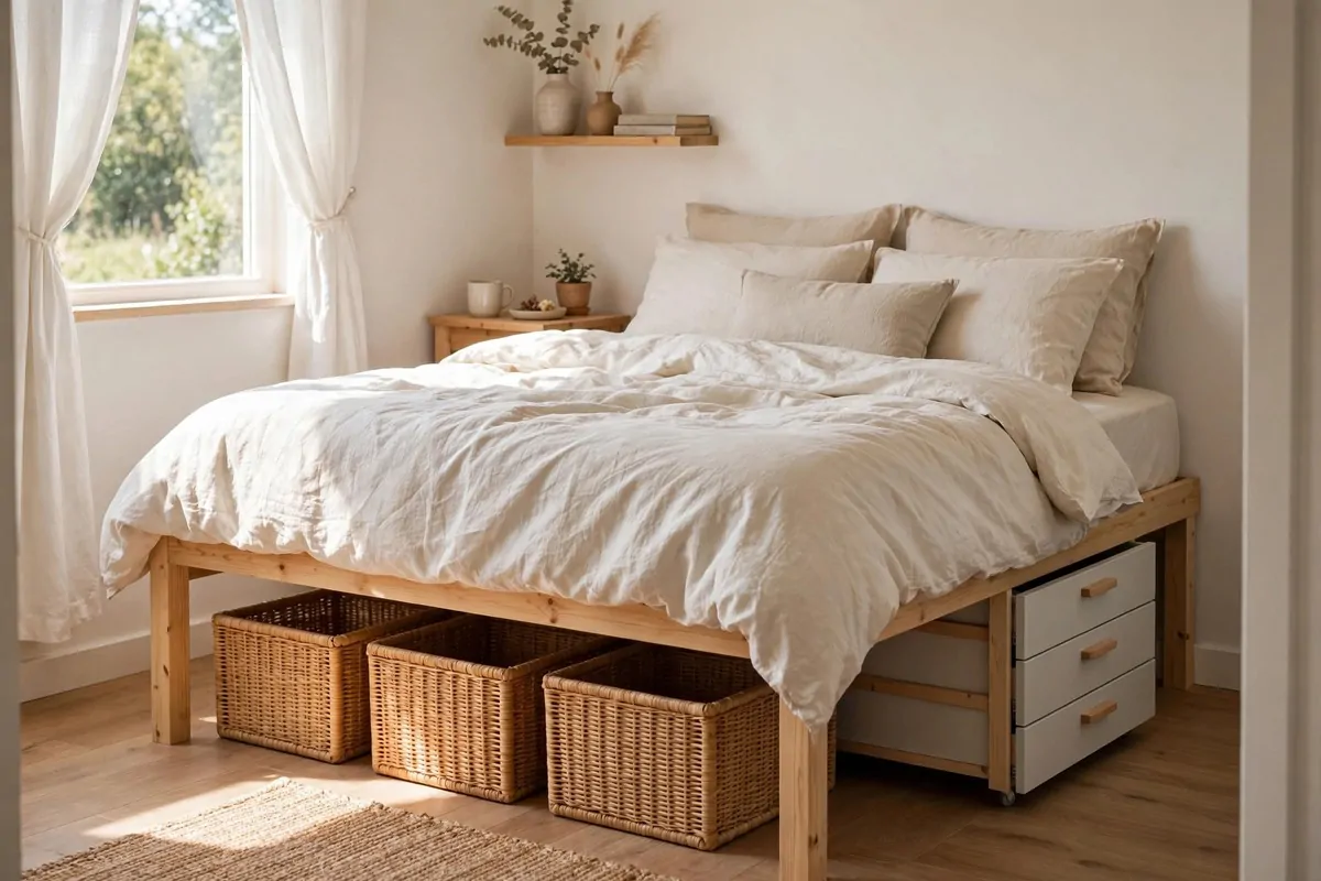 27 Small Home Ideas That Make Every Inch Count 9 Bed raised on frame with woven under-bed storage boxes and drawer pulled out