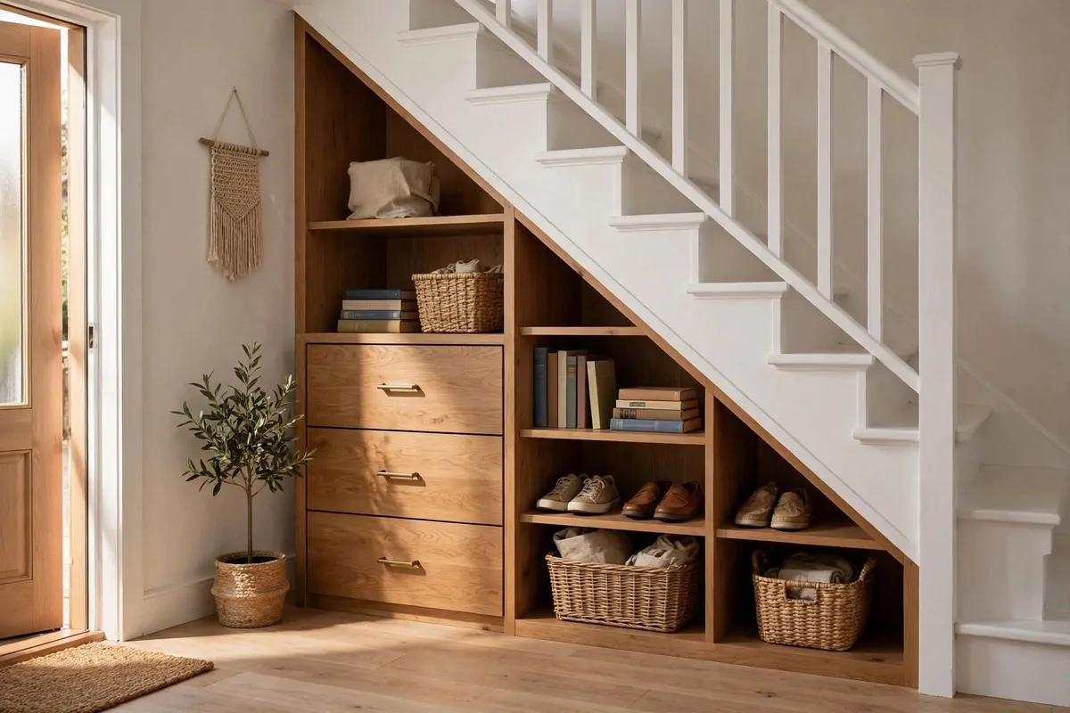 27 Small Home Ideas That Make Every Inch Count 10 Staircase with pull-out drawers and shelves beneath holding books and baskets