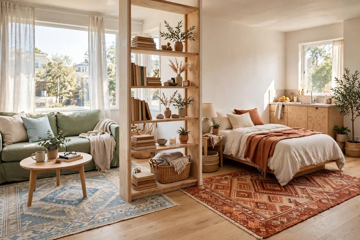 27 Small Home Ideas That Make Every Inch Count 11 Studio apartment with two area rugs defining living and sleeping zones
