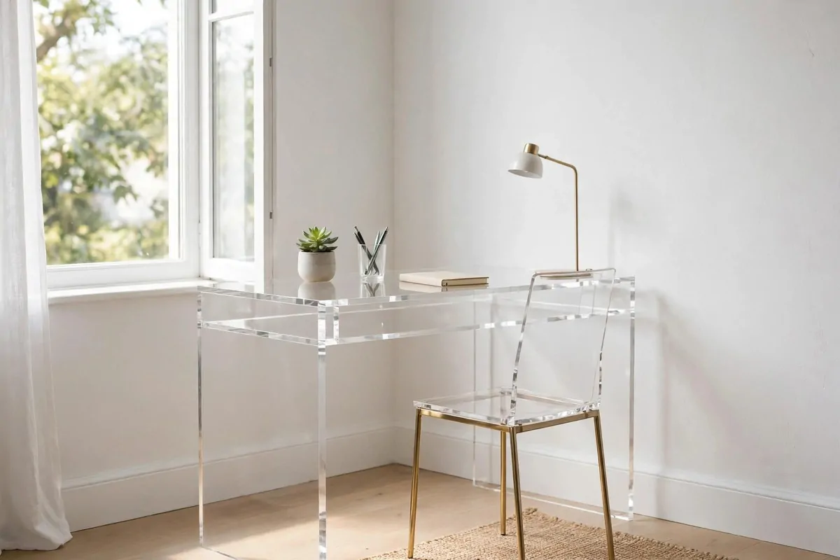 27 Small Home Ideas That Make Every Inch Count 12 Clear acrylic desk with slim-legged chair in a small bright room