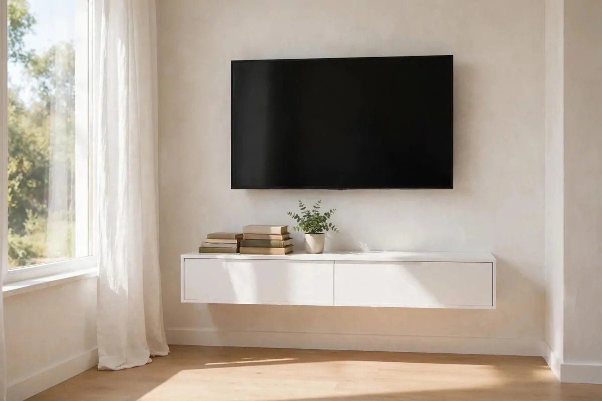 27 Small Home Ideas That Make Every Inch Count 13 Wall-mounted TV above slim floating cabinet with open floor below