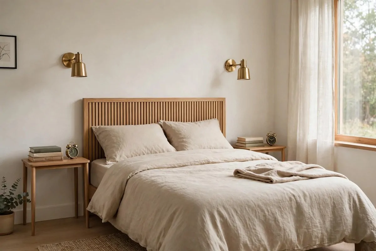27 Small Home Ideas That Make Every Inch Count 14 Small bedroom with brass wall sconces above slim nightstands