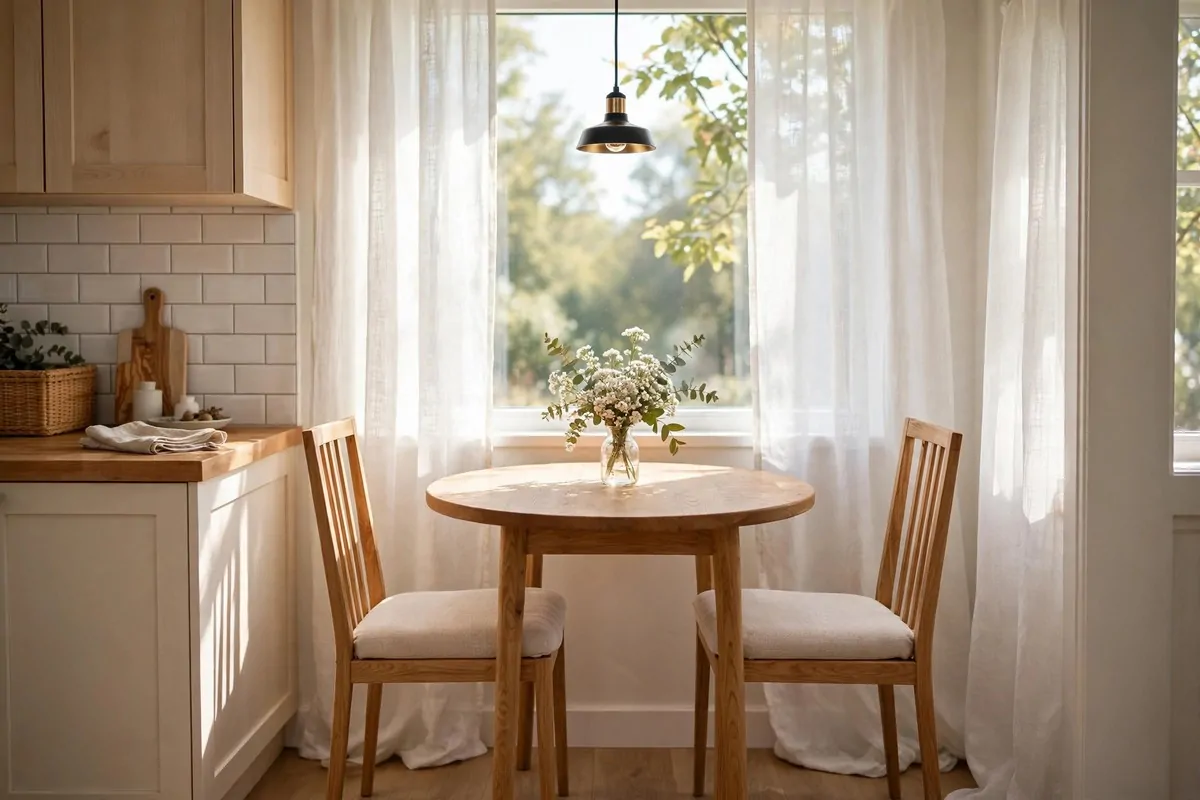 27 Small Home Ideas That Make Every Inch Count 15 Small round table with two chairs by a kitchen window, flowers in a vase
