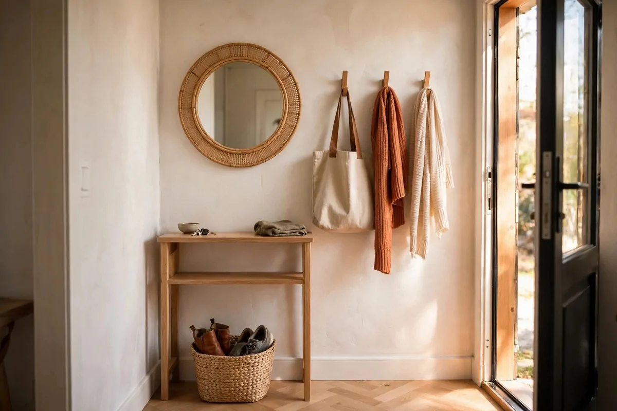 27 Small Home Ideas That Make Every Inch Count 16 Slim console table with round mirror, wall hooks and shoe basket in a small entryway