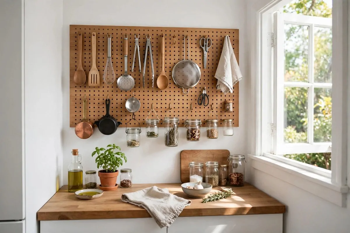 27 Small Home Ideas That Make Every Inch Count 17 Kitchen pegboard wall with hanging utensils, pots and jars neatly arranged