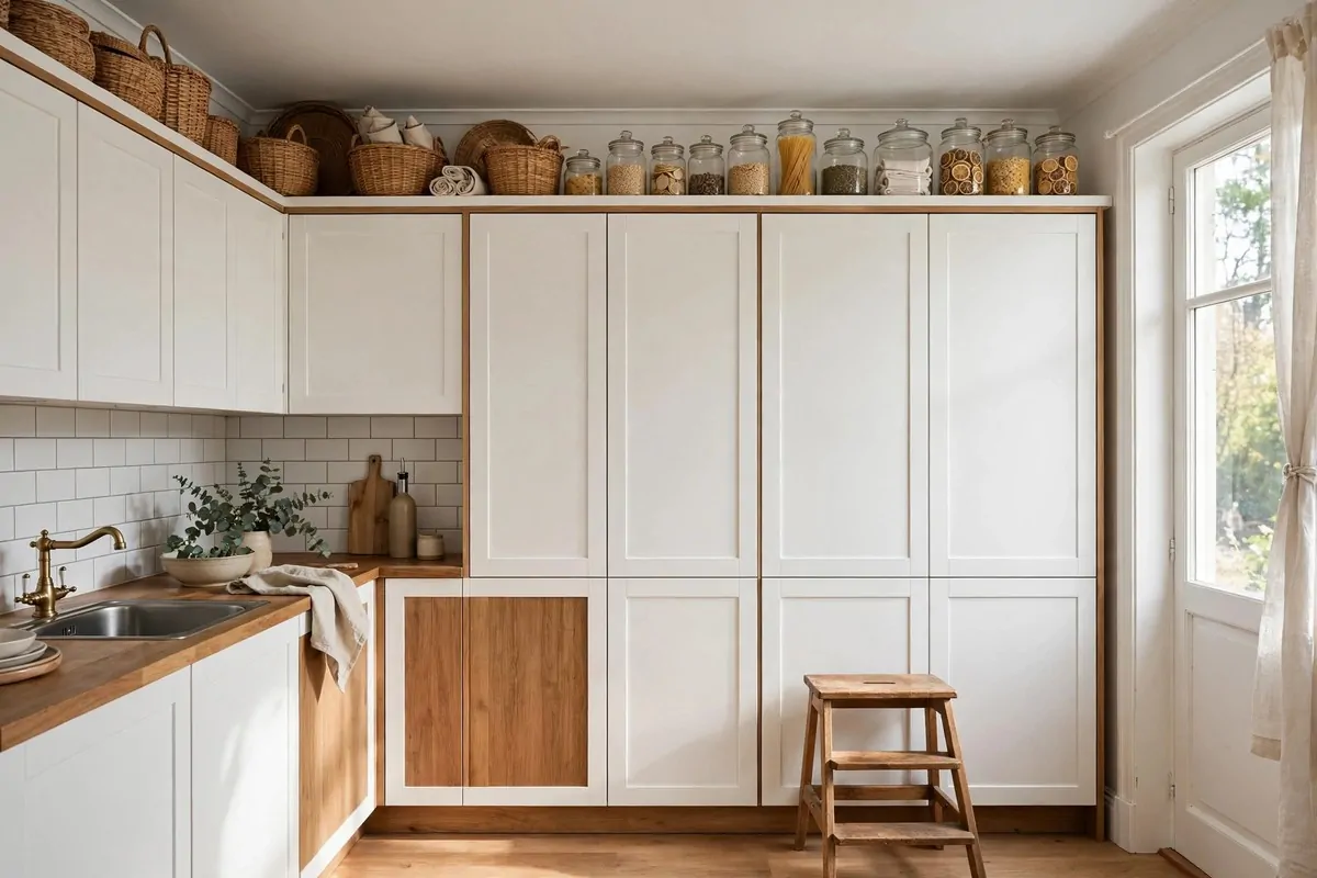 27 Small Home Ideas That Make Every Inch Count 18 Tall kitchen cabinets reaching the ceiling with baskets and jars on the top shelves
