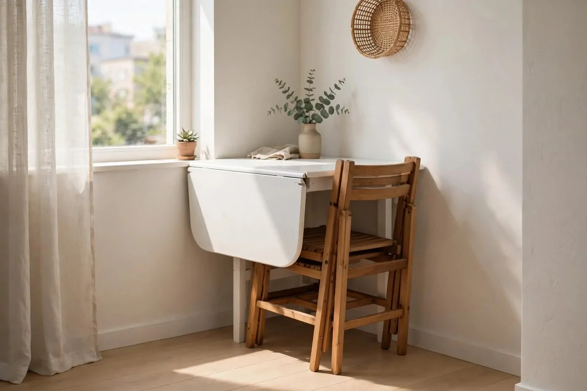 27 Small Home Ideas That Make Every Inch Count 19 Drop-leaf table folded flat against the wall with stackable chairs tucked beneath