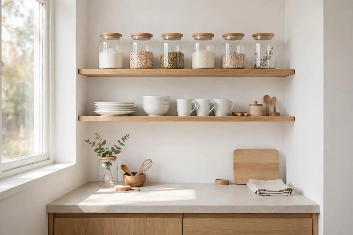 27 Small Home Ideas That Make Every Inch Count 20 Open kitchen shelves styled with matching white dishes and glass jars
