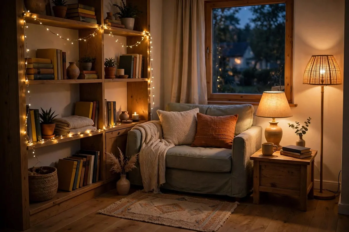 27 Small Home Ideas That Make Every Inch Count 21 Small living room at dusk with warm table lamp, floor lamp and string lights glowing