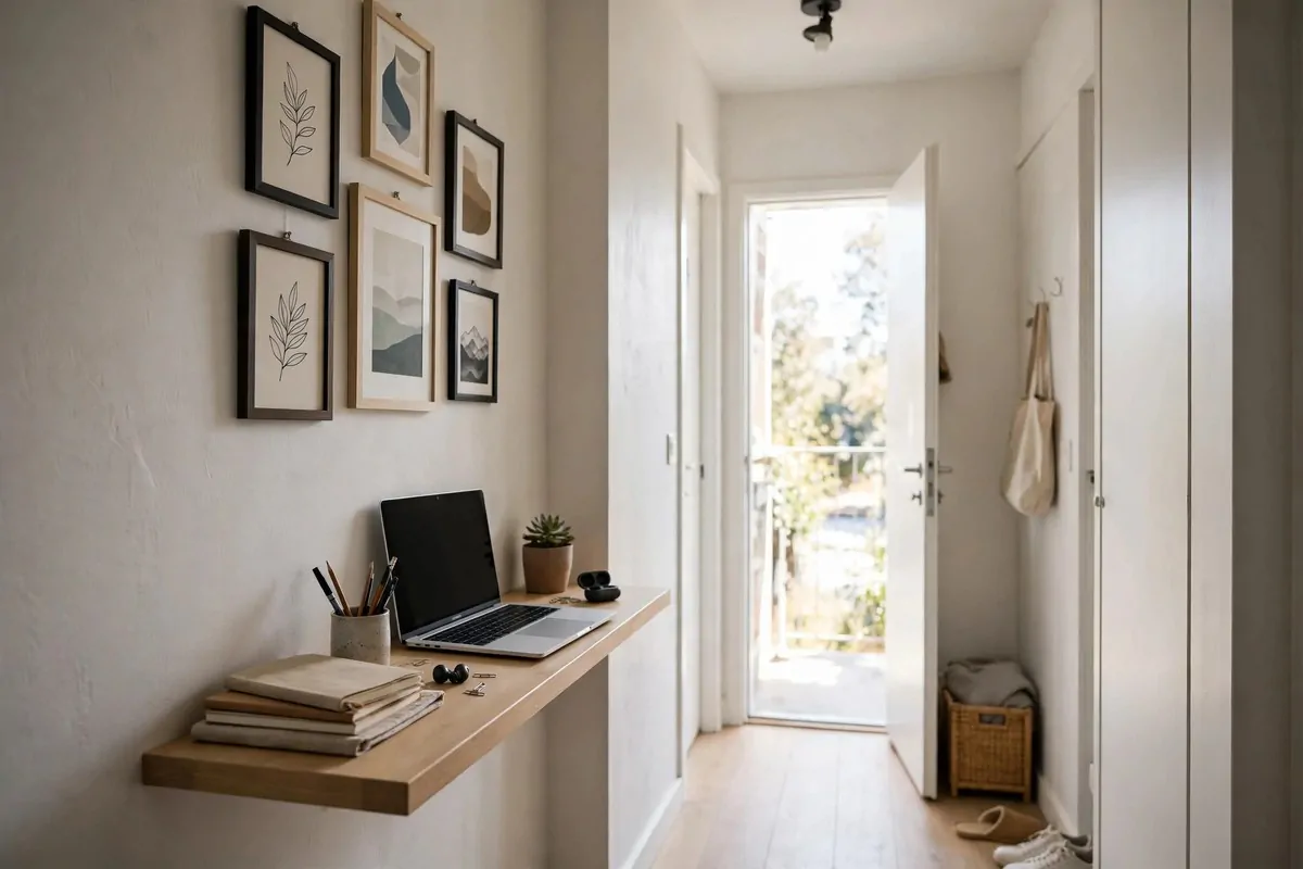 27 Small Home Ideas That Make Every Inch Count 22 Narrow hallway with slim wall-mounted desk shelf and framed prints
