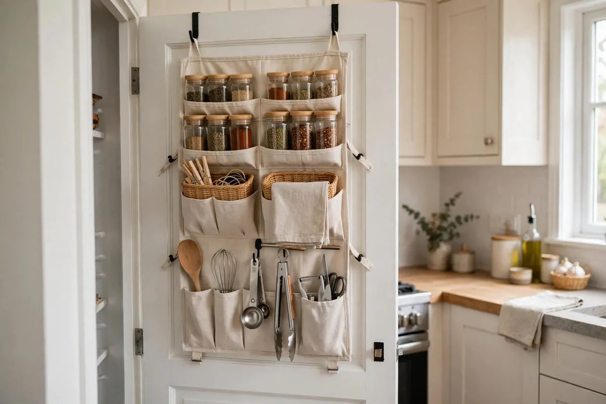 27 Small Home Ideas That Make Every Inch Count 23 Back of a pantry door with hanging organizer holding spices, baskets and tools
