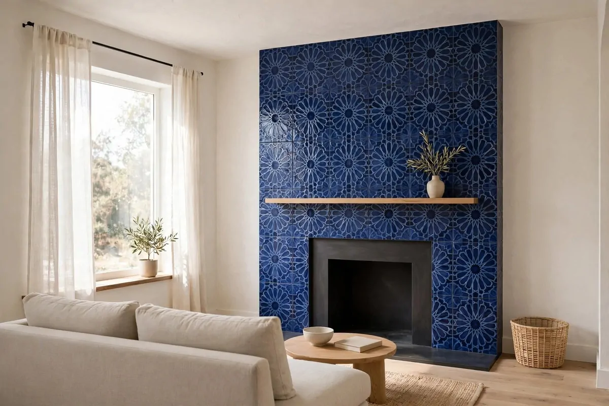 27 Small Home Ideas That Make Every Inch Count 24 Small living room with bold blue patterned tile fireplace wall