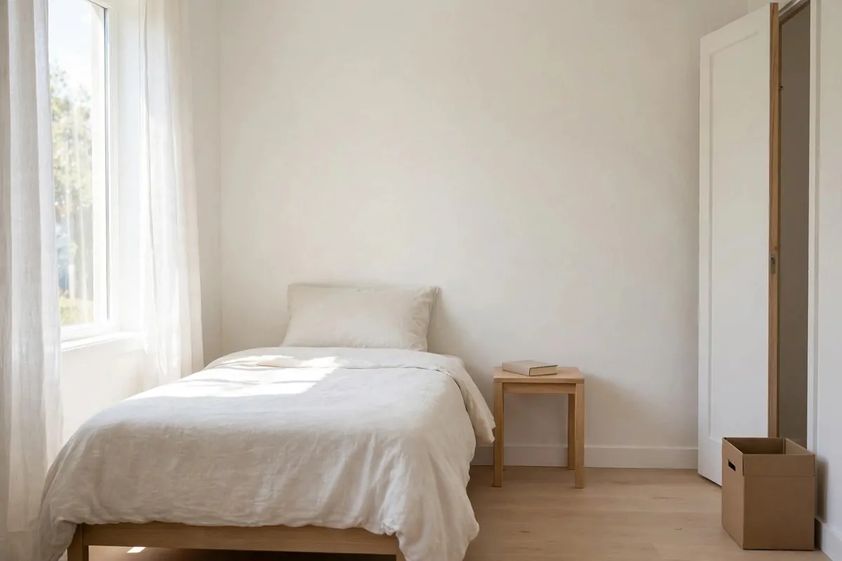 27 Small Home Ideas That Make Every Inch Count 25 Small bedroom edited down to bed, one nightstand and bare walls