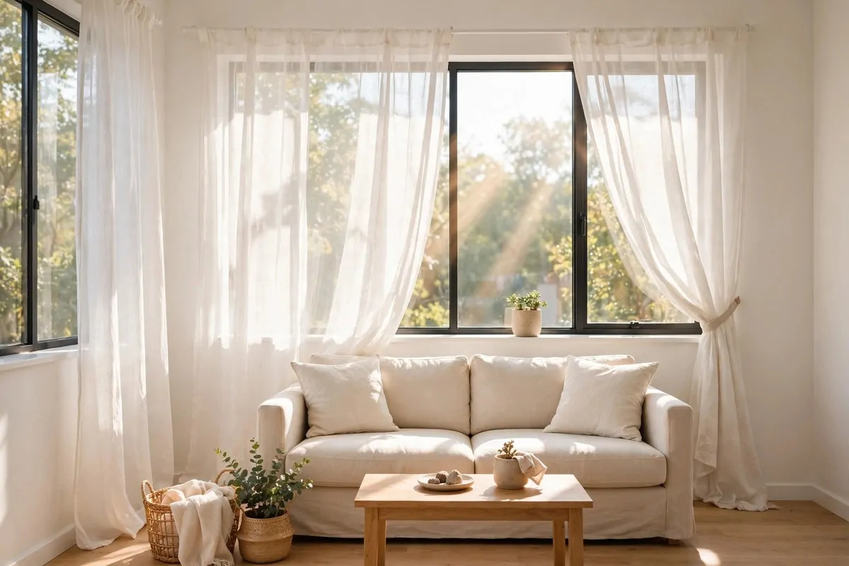 27 Small Home Ideas That Make Every Inch Count 26 Small living room with sheer white curtains and sunlight streaming in