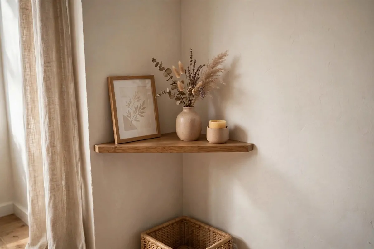 27 Small Home Ideas That Make Every Inch Count 27 Narrow wall shelf styled with framed art, ceramic vase with dried flowers and a candle