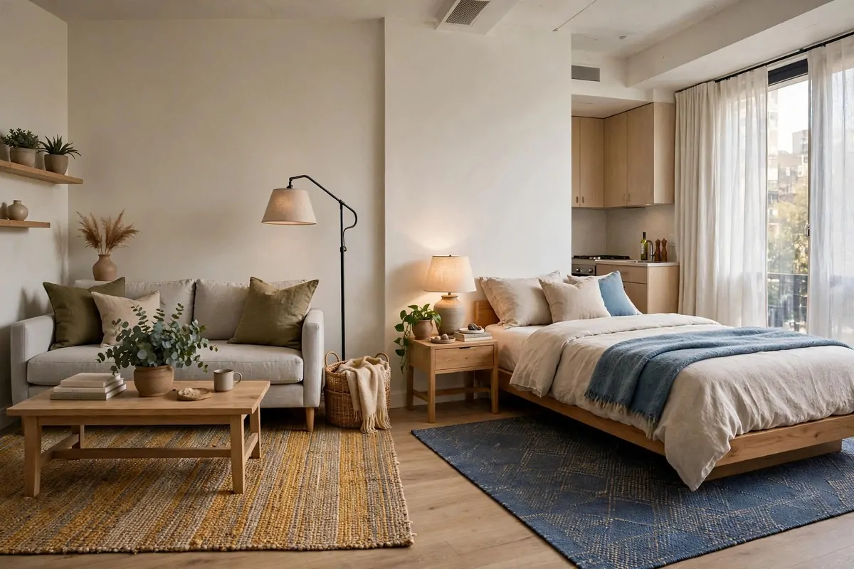 Studio apartment with area rugs defining separate living and sleeping zones